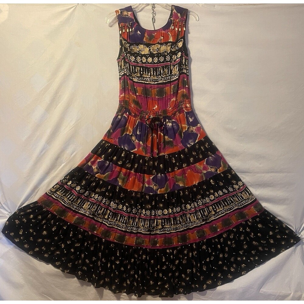 VTG CAROLE LITTLE Beaded Long Full Tiered Sleeveless Dress Bohemian 6